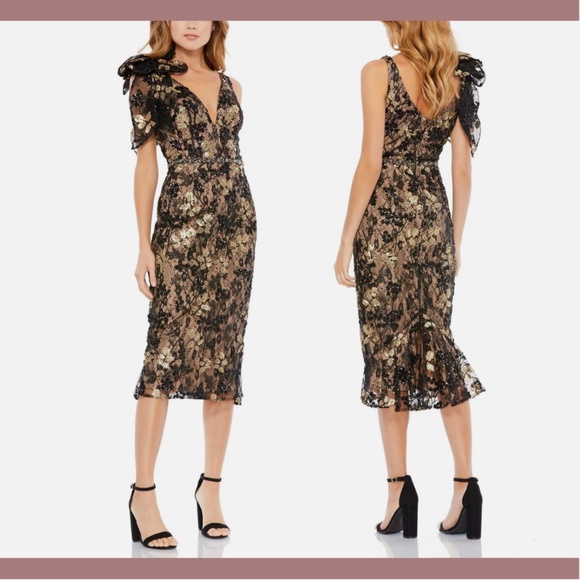 NWT $538 Mac Duggal [ 16 ] Bow Floral Embellished V Neck Midi Dress‎ Black Lace - Picture 1 of 16